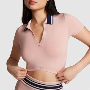 Seamless Polo Cropped Tee by PINK Victoria’s Secret, Size M, Pink Navy Blue